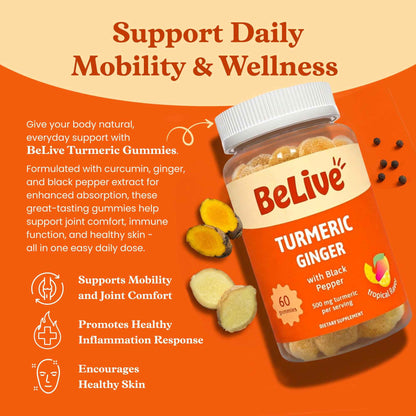 BeLive Turmeric Curcumin with Black Pepper & Ginger - 60 Gummies I Turmeric and Ginger Supplement for Immune Support, Healthy Skin, and Mobility - Tropical Flavor 🍁 All In One Marketplace Canada