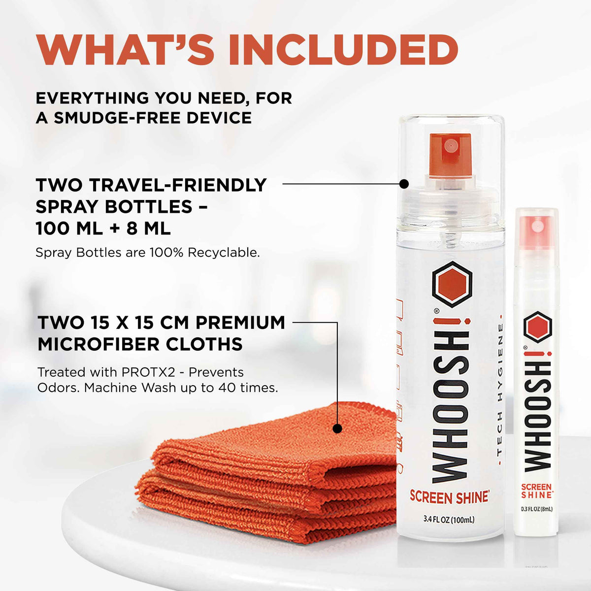 WHOOSH! Screen Shine Duo – Safe & Streak Free Electronics Cleaner for TV, OLED, MacBook, Laptop, Monitor and Car – Eyeglass Cleaner with 100ml + 8ml Bottles and 2 Microfiber Cloths 15x15 cm 🍁 All In One Marketplace Canada