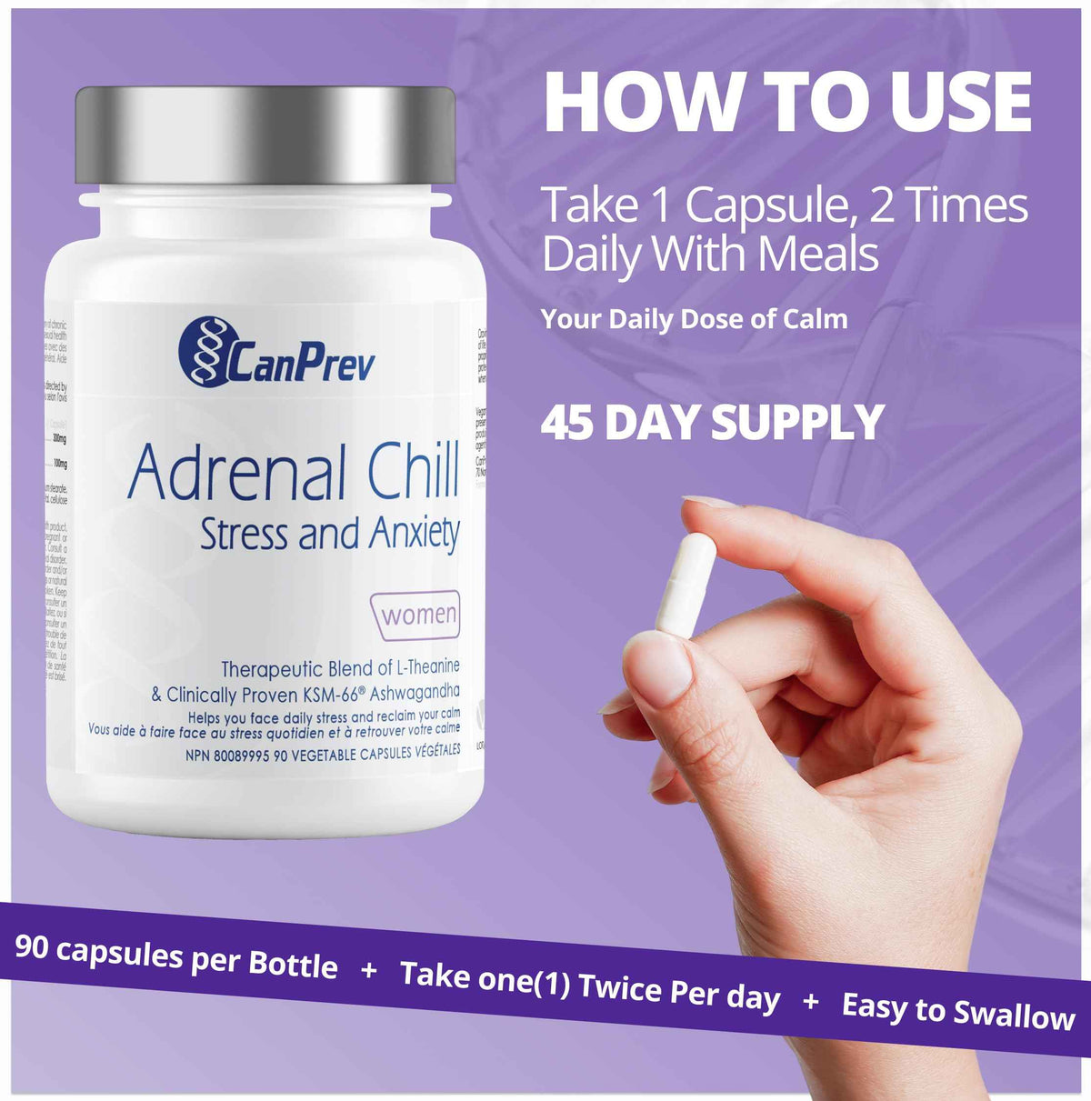 CanPrev Adrenal Chill Women, 90 Veg Capsules, 45-Day Supply with 300mg KSM-66 Ashwagandha & L-Theanine for Calm Focus & Relaxation, Non-GMO, Made in Canada 🍁 All In One Marketplace Canada