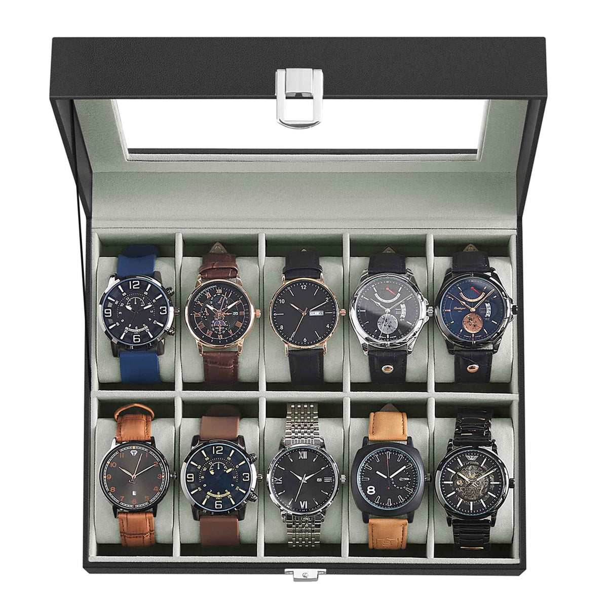 SONGMICS Watch Box, 10-Slot Watch Case Organizer with Large Glass Lid, Removable Pillows, Gift for Loved Ones, Black Synthetic Leather, Gray Lining UJWB010BK 🍁 All In One Marketplace Canada