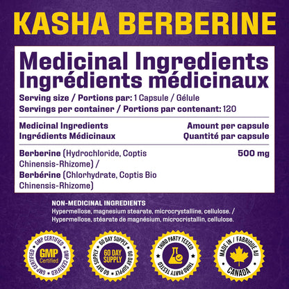 Maximum Strength Berberine Supplement 1000 mg Per Serving (500mg Per Capsule). Supports Healthy Glucose (Blood Sugar) and Lipid (Fats) Metabolism. Non-GMO, Vegan, Gluten-free. Bulk 120 Capsules. Proudly Canadian. Easy to Swallow. Kasha Nutrition