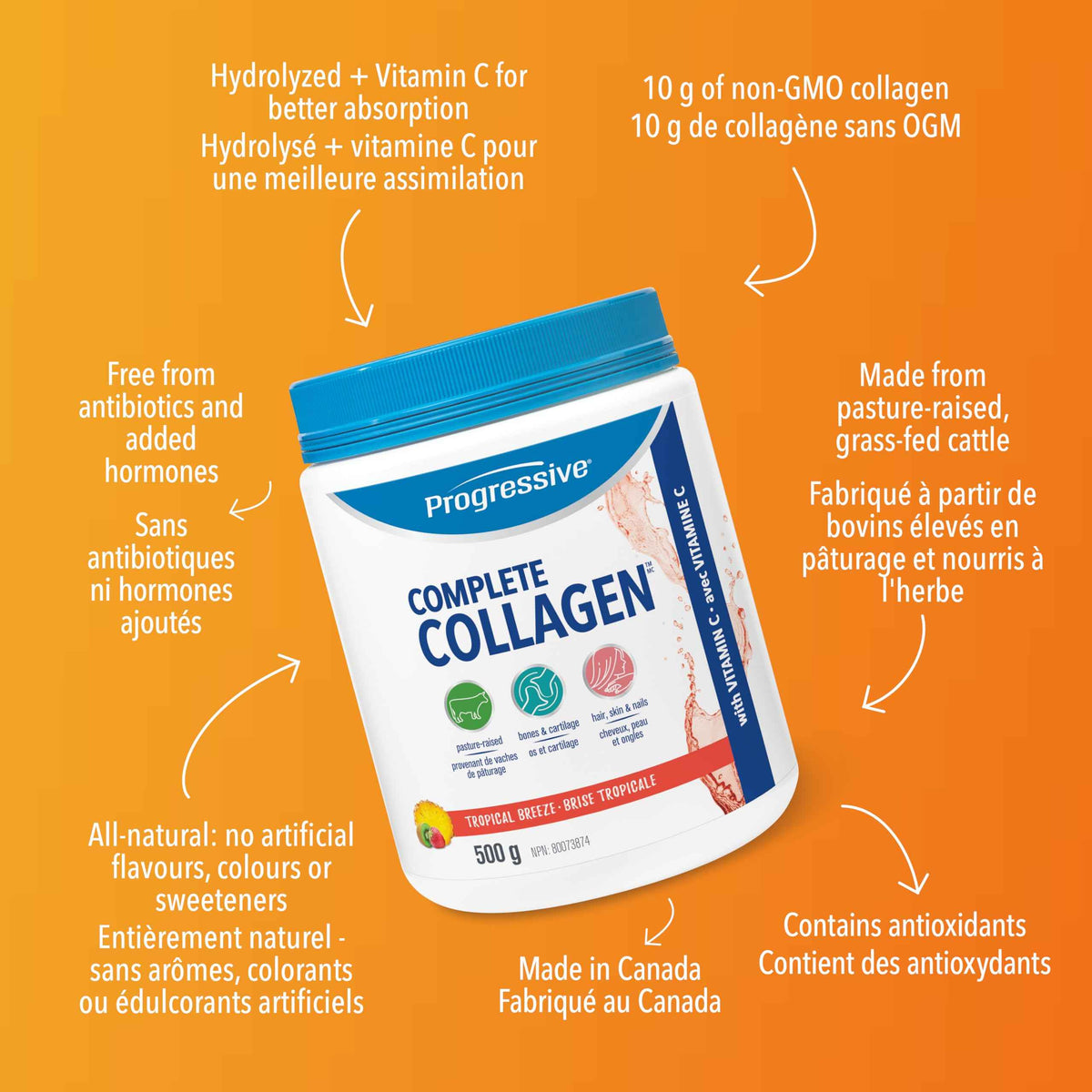 Progressive Complete Collagen Tropical Breeze, Canadian-Made, for Healthier Hair, Skin, Nails and Joints. Grass-Fed Non-GMO with Antioxidants, Hydrolyzed with Vitamin C for Best Absorption, 500 g 🍁 All In One Marketplace Canada