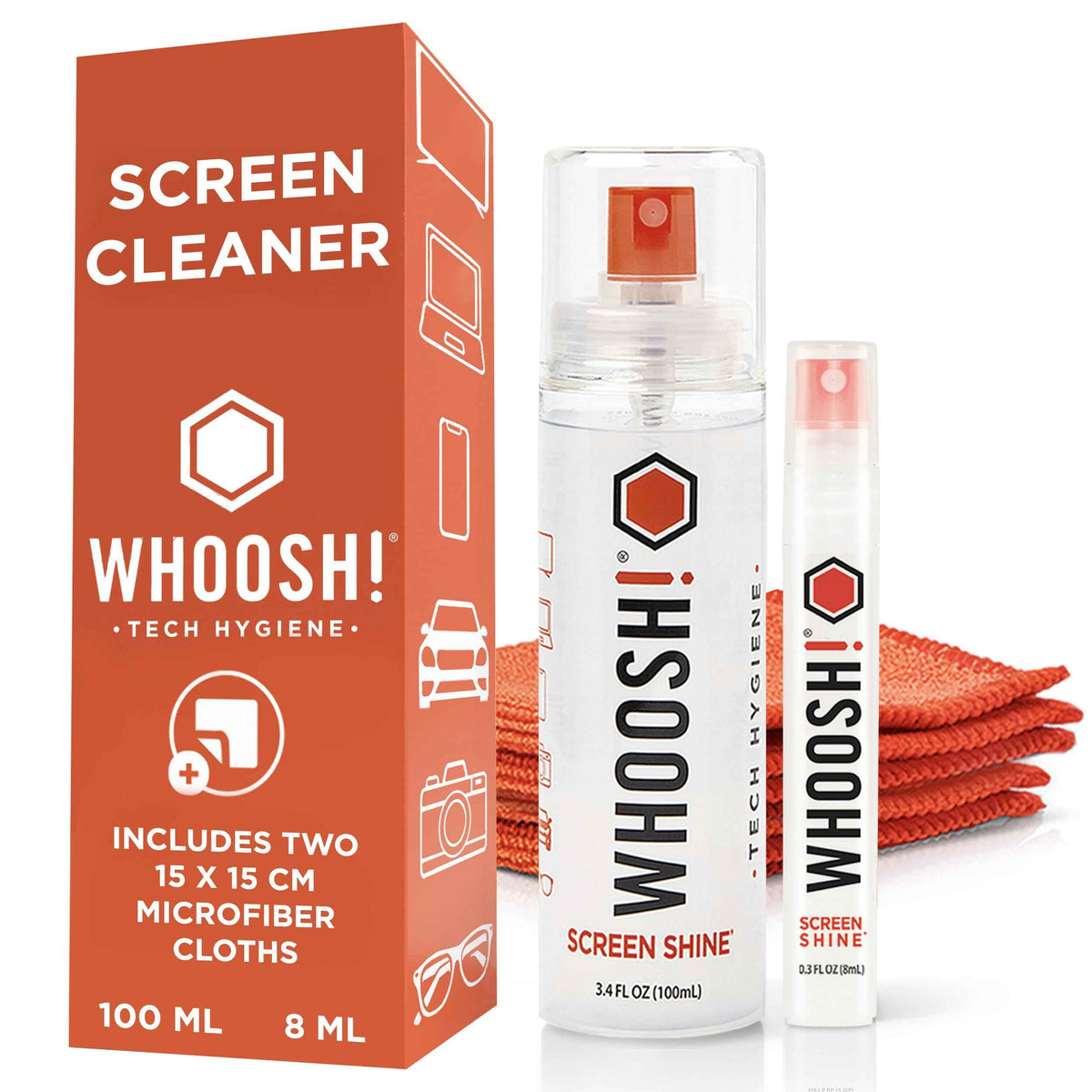 WHOOSH! Screen Shine Duo – Safe & Streak Free Electronics Cleaner for TV, OLED, MacBook, Laptop, Monitor and Car – Eyeglass Cleaner with 100ml + 8ml Bottles and 2 Microfiber Cloths 15x15 cm 🍁 All In One Marketplace Canada