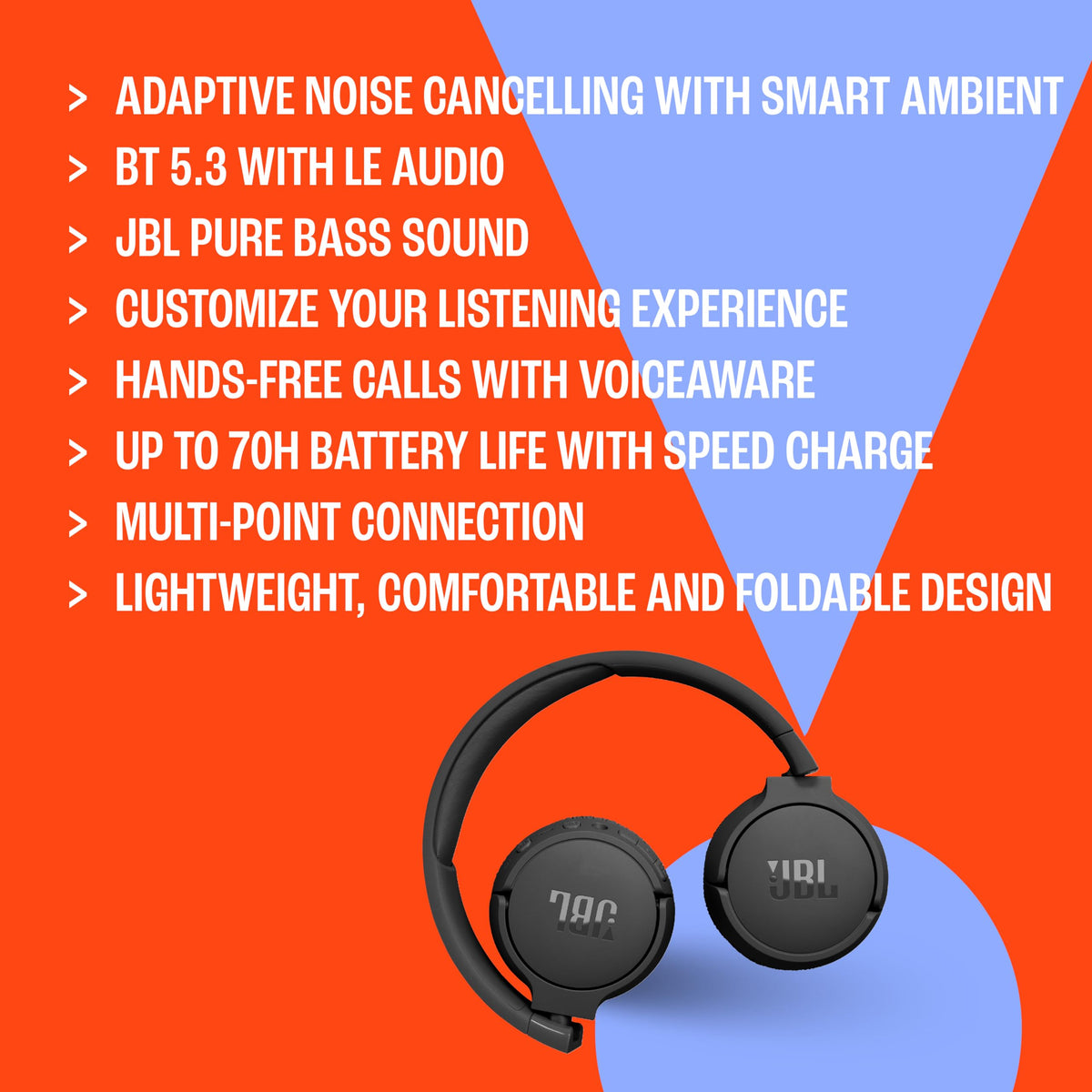 JBL Tune 670NC - Adaptive Noise Cancelling with Smart Ambient Wireless On-Ear Headphones, Up to 70H Battery Life with Speed Charge, Lightweight, Comfortable and Foldable Design (Purple) 🍁 All In One Marketplace Canada