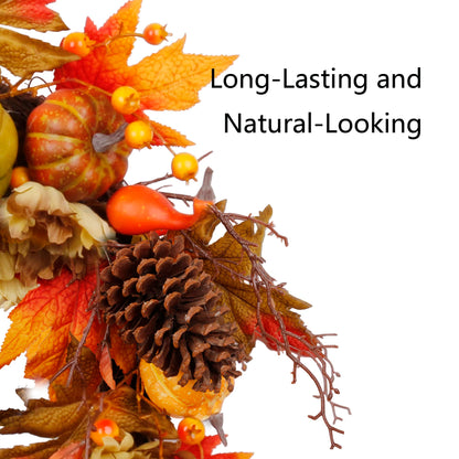 SOFTFLAME 20" Fall Wreath for Front Door, Autumn Artificial Wreath with Pumpkin, Pine Cone, Maple Leaves, Berries, Gift Ideal for Halloween Thanksgiving Home Decoration