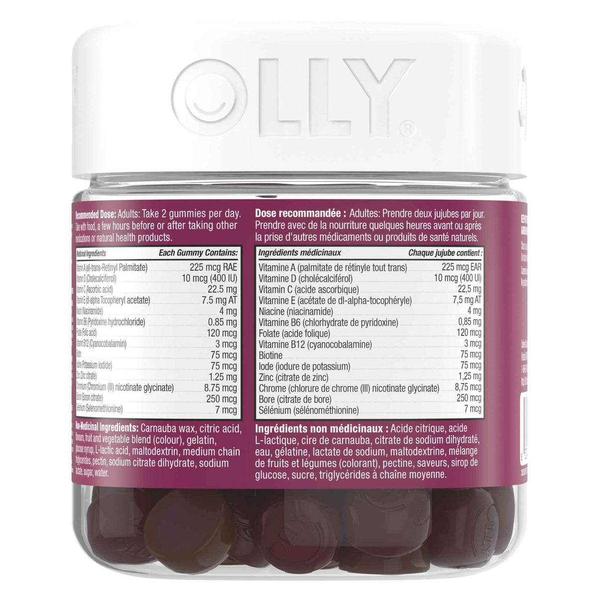 OLLY Women's Multi Gummy Supplement with no artificial flavours and colours Blissful Berry multivitamin to help support women's health 45 day supply, 90 gummies 🍁 All In One Marketplace Canada