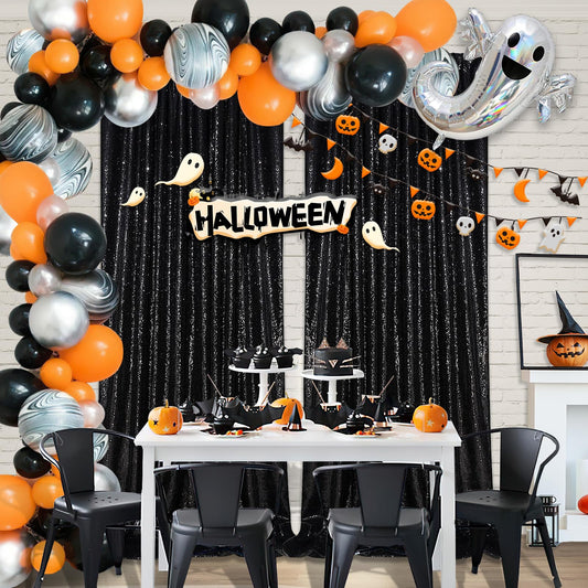 Black Sequin Backdrop 2 Panels 2FTx8FT Halloween Backdrop Curtains Party Decorations Birthday Wedding Photo Backdrop