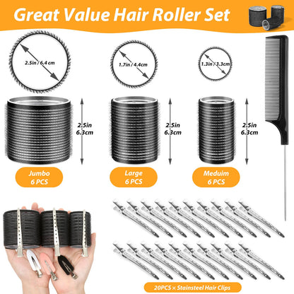 39PCS Self Grip Hair Rollers Curlers 3 Sizes Black Hair Roller 2.5in, 1.9in, 1.4in, Jumbo Hair Roller with 12PCS Duckbill Clips Hair Rollers for Long Medium Short Thick Fine Volume Bangs Hair 🍁 All In One Marketplace Canada