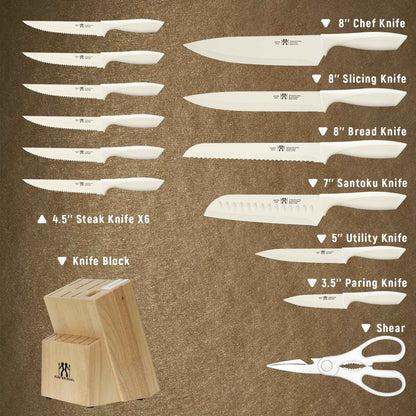 HUNTER.DUAL Knife Set, Dishwasher Safe Kitchen Knife Set with Block, 15 Pcs Cream Kitchen Knife Sets with Block Self Sharpening, 6 Steak Knives (Cream) 🍁 All In One Marketplace Canada