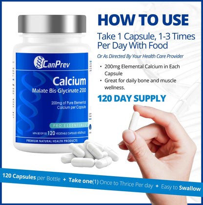 CanPrev Calcium Malate Bis-Glycinate Supplement, 120 Capsules 120-Day Supply - Therapeutic 200mg Elemental - Ideal for Healthy Bones, Teeth, Muscle Cramps and Promote Relaxation - Vegan and Non-GMO 🍁 All In One Marketplace Canada