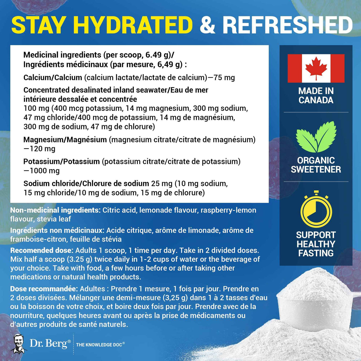 Dr. Berg Electrolytes Powder No Sugar - Enhanced w/ 1000 mg of Potassium & Real Sea Salt - Zero Sugar Electrolyte Powder - Raspberry & Lemon Flavor Hydration Powder Electrolytes - 50 Servings 🍁 All In One Marketplace Canada