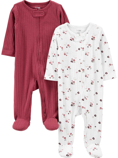 Simple Joys by Carter's Unisex Baby 2-Pack 2-Way Zip Textured Sleep and Play, Light Burgundy/Pink Floral, 0-3 Months 🍁 All In One Marketplace Canada