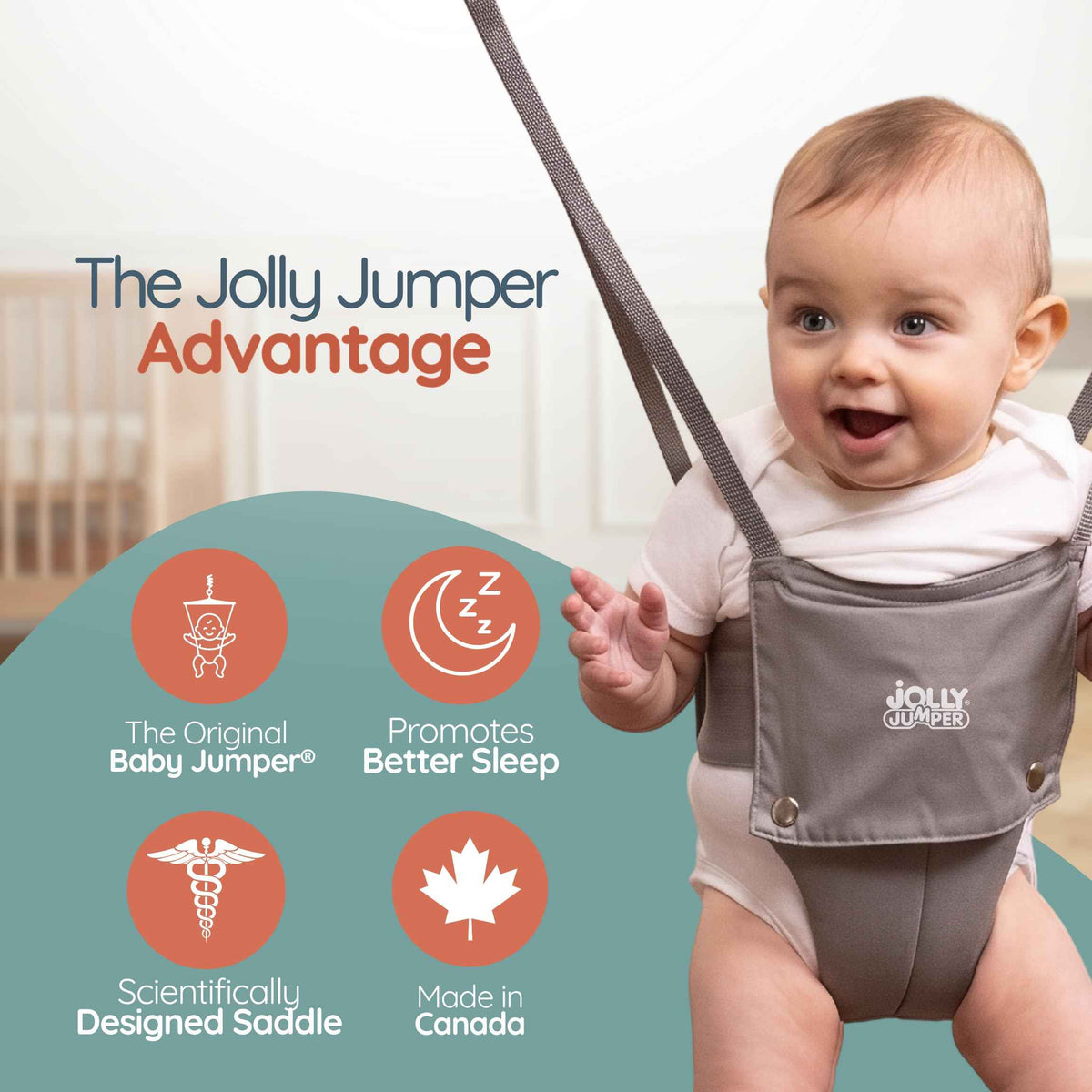 Jolly Jumper ICONIC Doorway Baby Jumper (Grey), Indoor Exercise Saddle Seat, Adjustable Height, for Infants up to 28lbs, No Stand Required 🍁 All In One Marketplace Canada