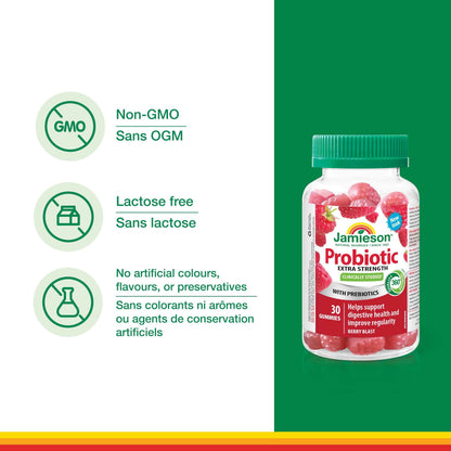 Jamieson Extra Strength Probiotic. 30 Gummies. 5 Billion CFU, Berry Blast Flavour, Improves Digestive Health, and Supports a Healthy Microbiome, No Artificial Colours, Flavours, or Preservatives 🍁 All In One Marketplace Canada