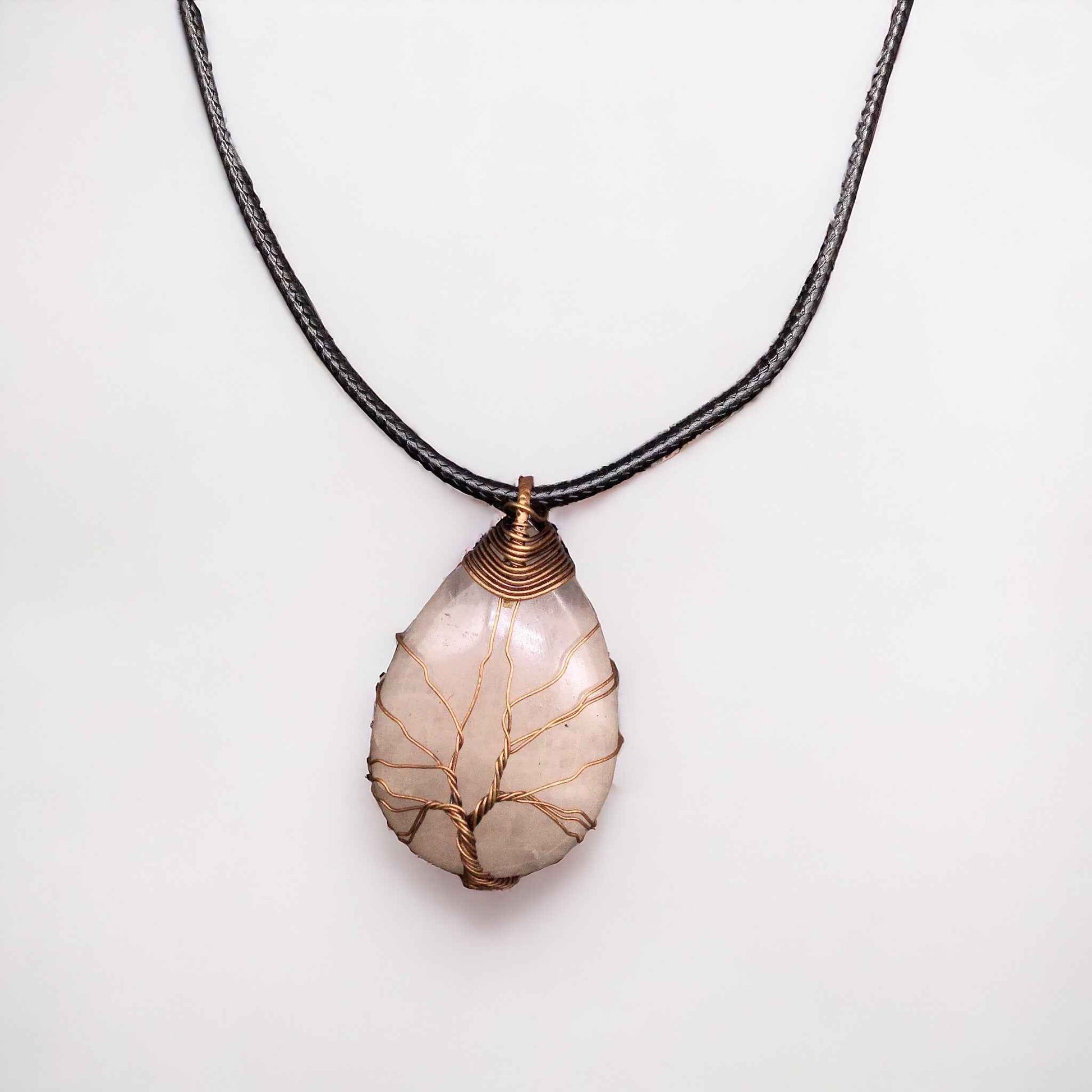 Light pink Gemstone Pendant Wrapped w/  bronze Tree of Life