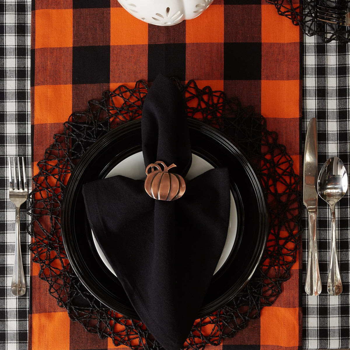 DII 100-Percent Cotton, Machine Washable, Dinner, Halloween Table Runner 14x108", Orange and Black Buffalo Check