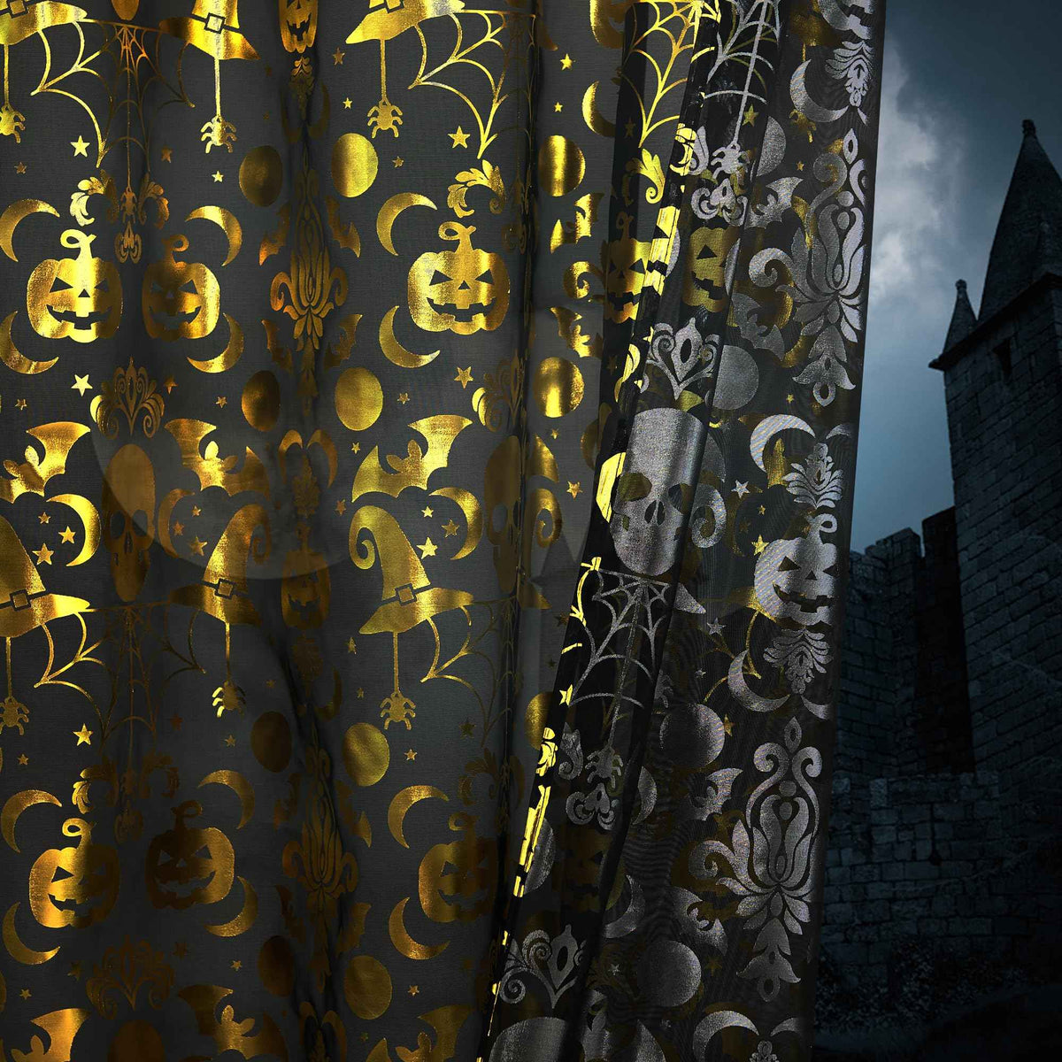 NICETOWN Halloween Curtains 84 Inches Long Scary Skull Sheer Curtains with Spooky Skeleton Pumpkin Party Decorations Window Treatment for Indoor & Ourdoor, Grommet Design, W52 x L84, Black, 2 Panels