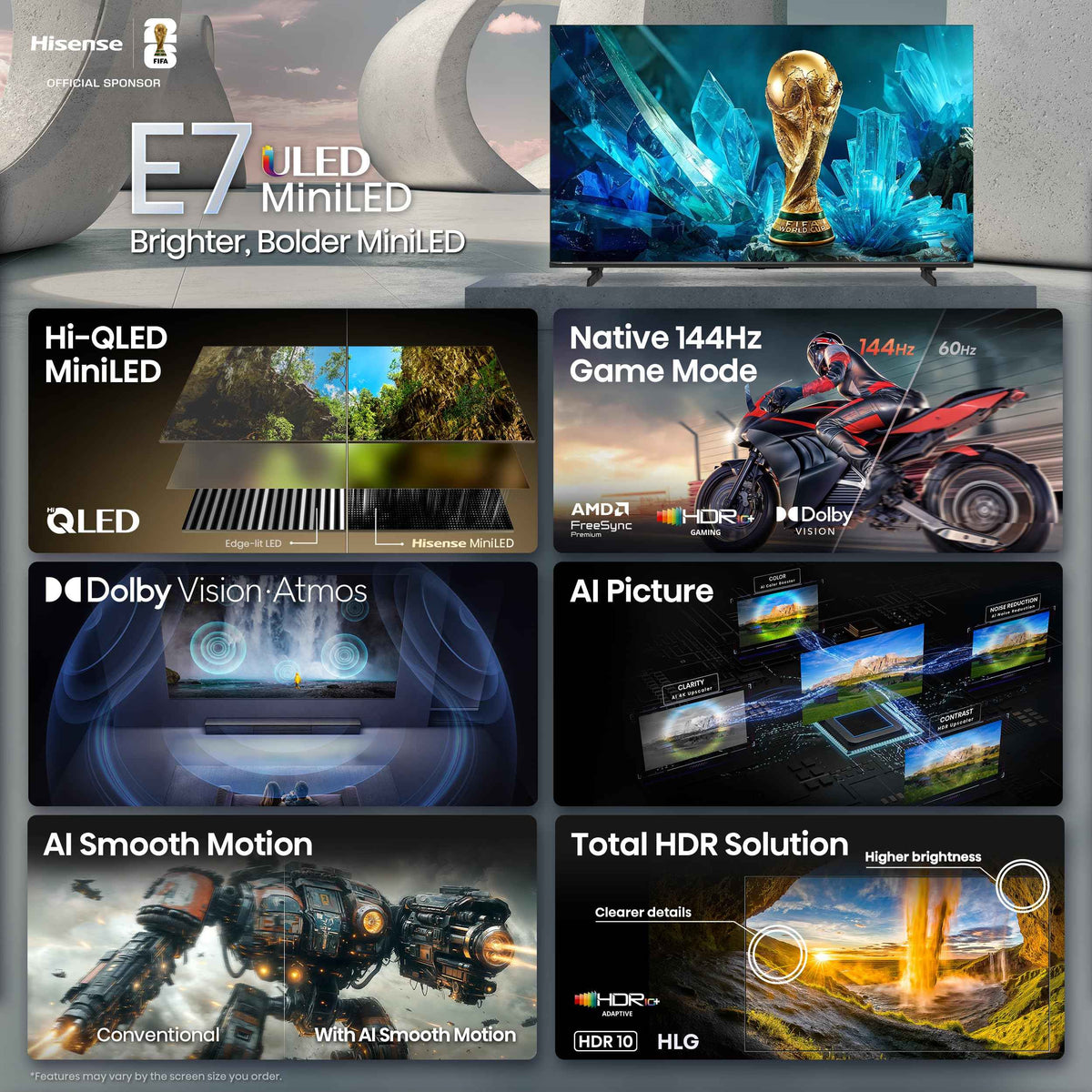 Hisense 55E7SF - 55" 4K Smart Mini-LED Fire TV (2026 Model), QLED Color, 144Hz Game Mode PRO, Dolby Vision, Dolby Atmos, AI Smooth Motion with MEMC, Alexa Built in with Voice Remote (2026 Model) 🍁 All In One Marketplace Canada