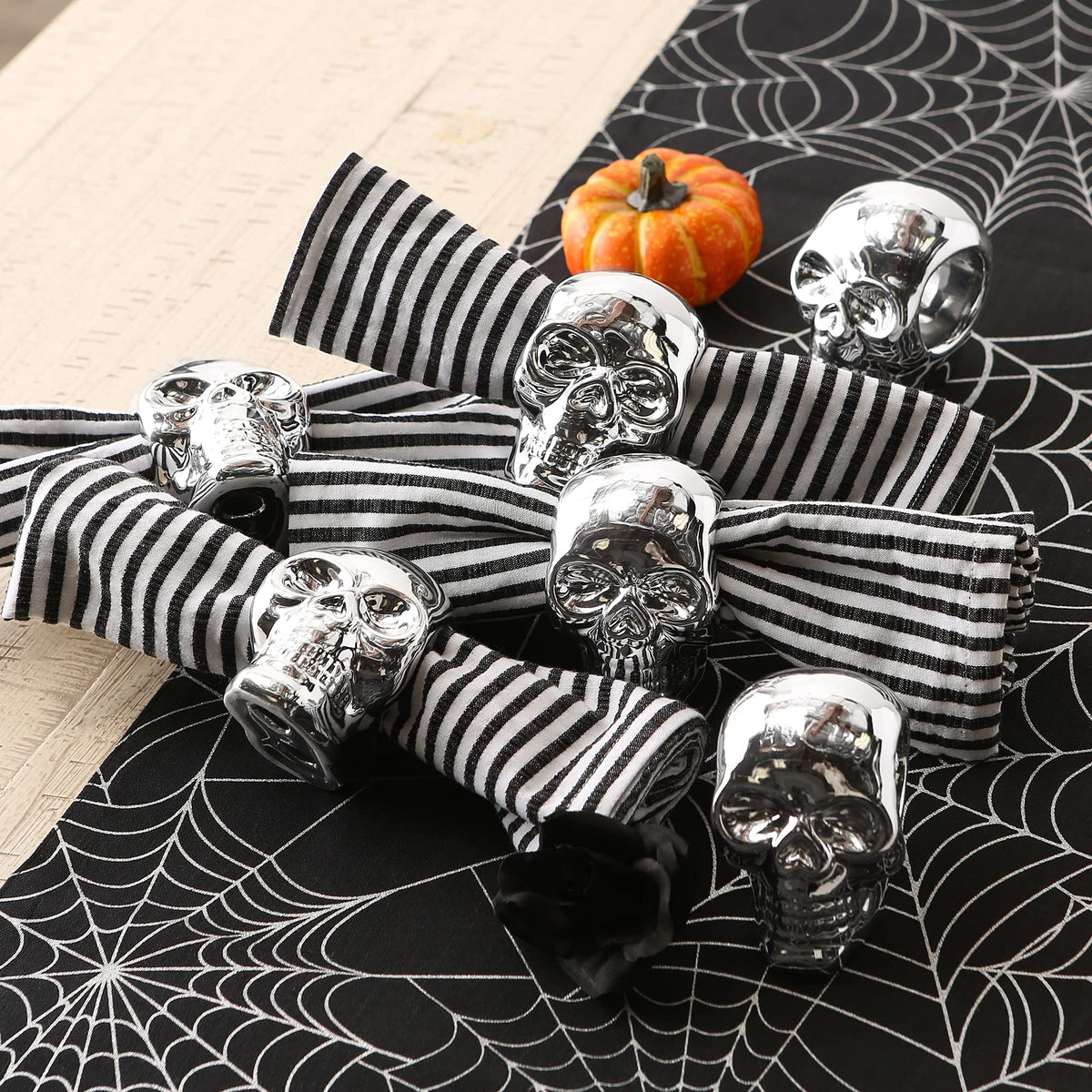 DII Halloween Napkin Rings Novelty Tabletop Décor Set, 3.25x2.25x3, Silver Skull, 6 Piece