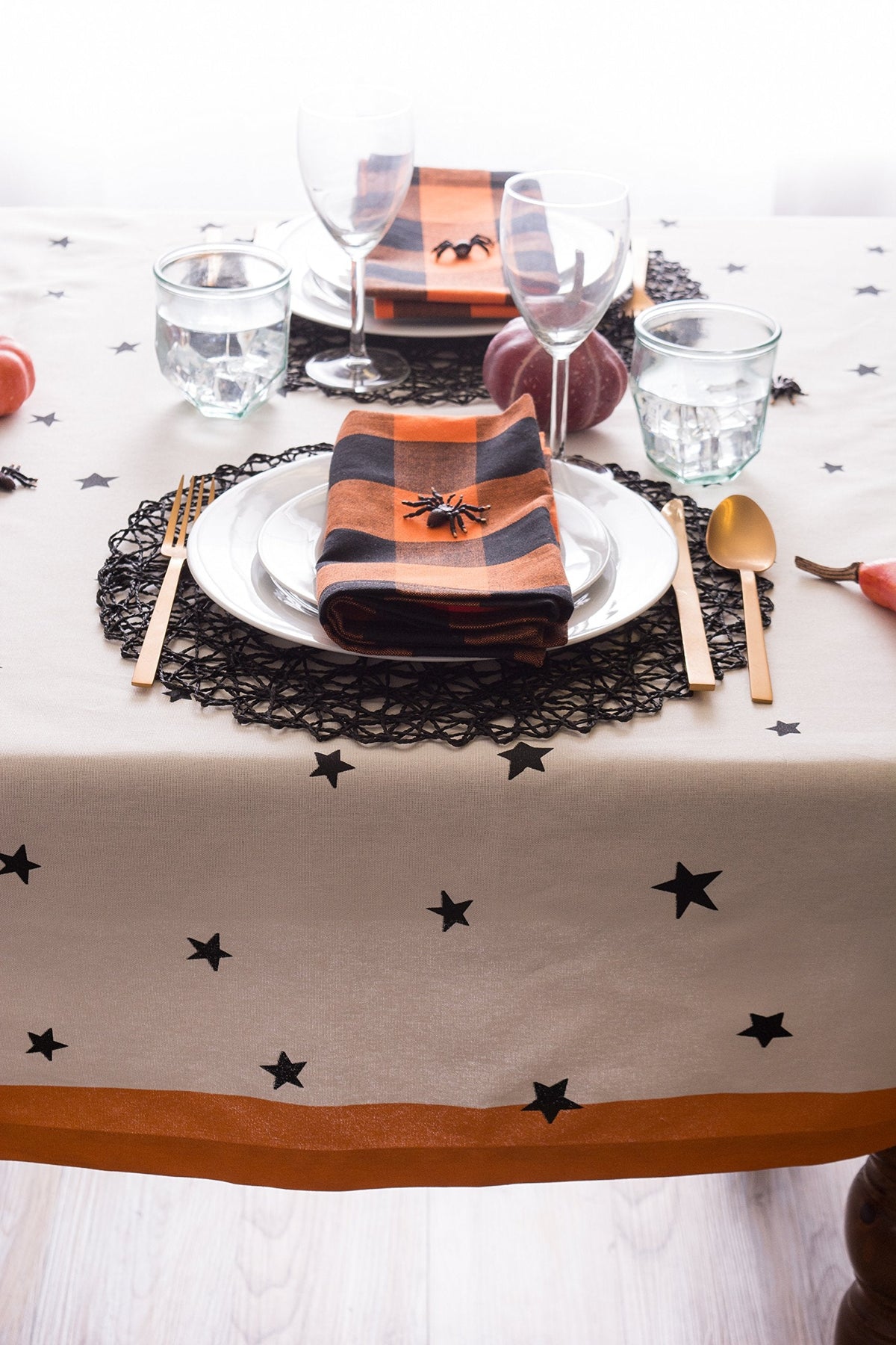 DII 100% Cotton, Machine Washable, Printed Halloween Tablecloth 52 x 52, Seats 4 People, Black Stars & Spiders
