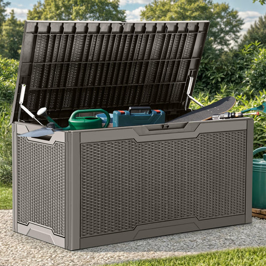 YITAHOME 100 Gallon Large Resin Deck Box Outdoor Storage Boxes for Patio Furniture, Outdoor Cushions, Garden Tools and Pool Supplies-Waterproof,Lockable (Taupe) 🍁 All In One Marketplace Canada