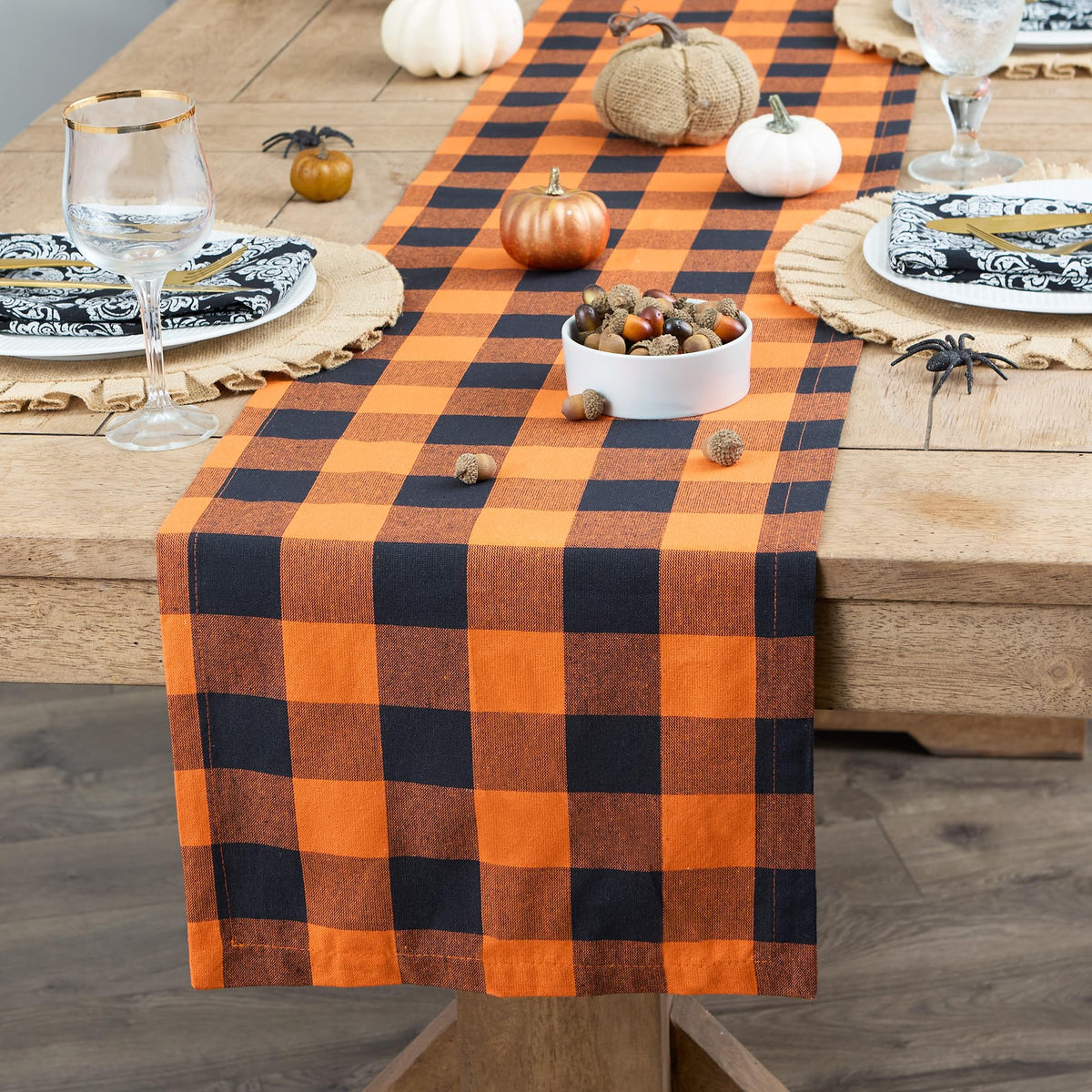 DII 100-Percent Cotton, Machine Washable, Dinner, Halloween Table Runner 14x108", Orange and Black Buffalo Check