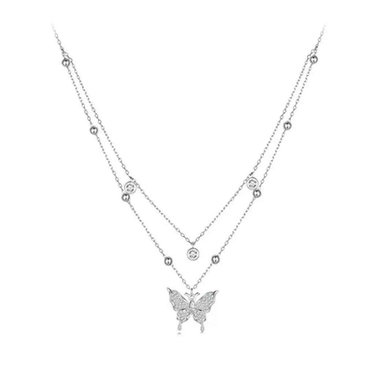 925 Sterling Silver Double-layer Tassel Butterfly Pendant Necklace for Women - Elegant Fine jewelry