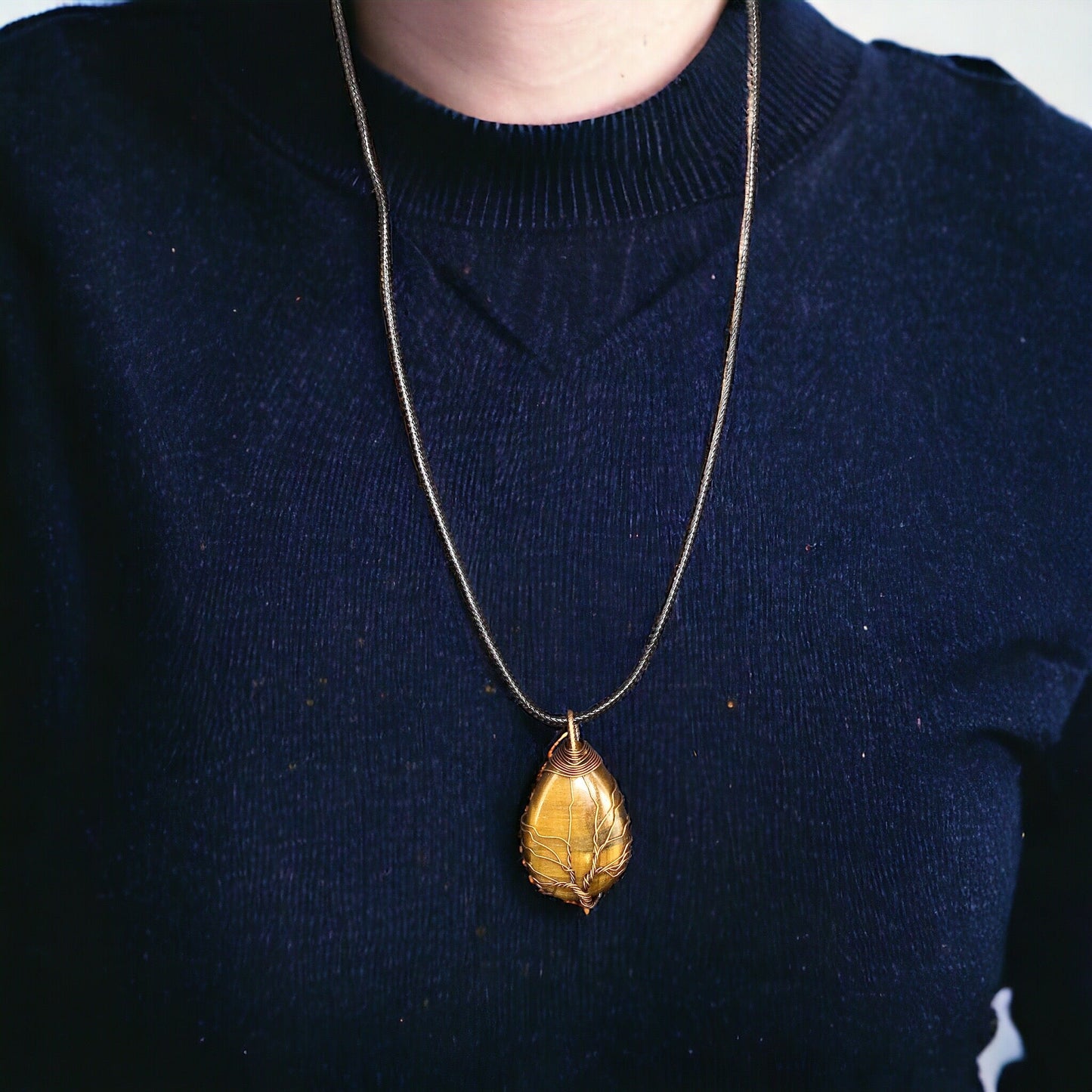 Yellow golden tiger eyes Gemstone Pendant Wrapped w/  bronze  Tree of Life