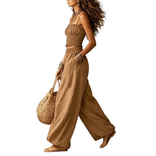 Women's Strapless Two Piece Set – Crop Top and Wide Leg Lantern Pants Outfit
