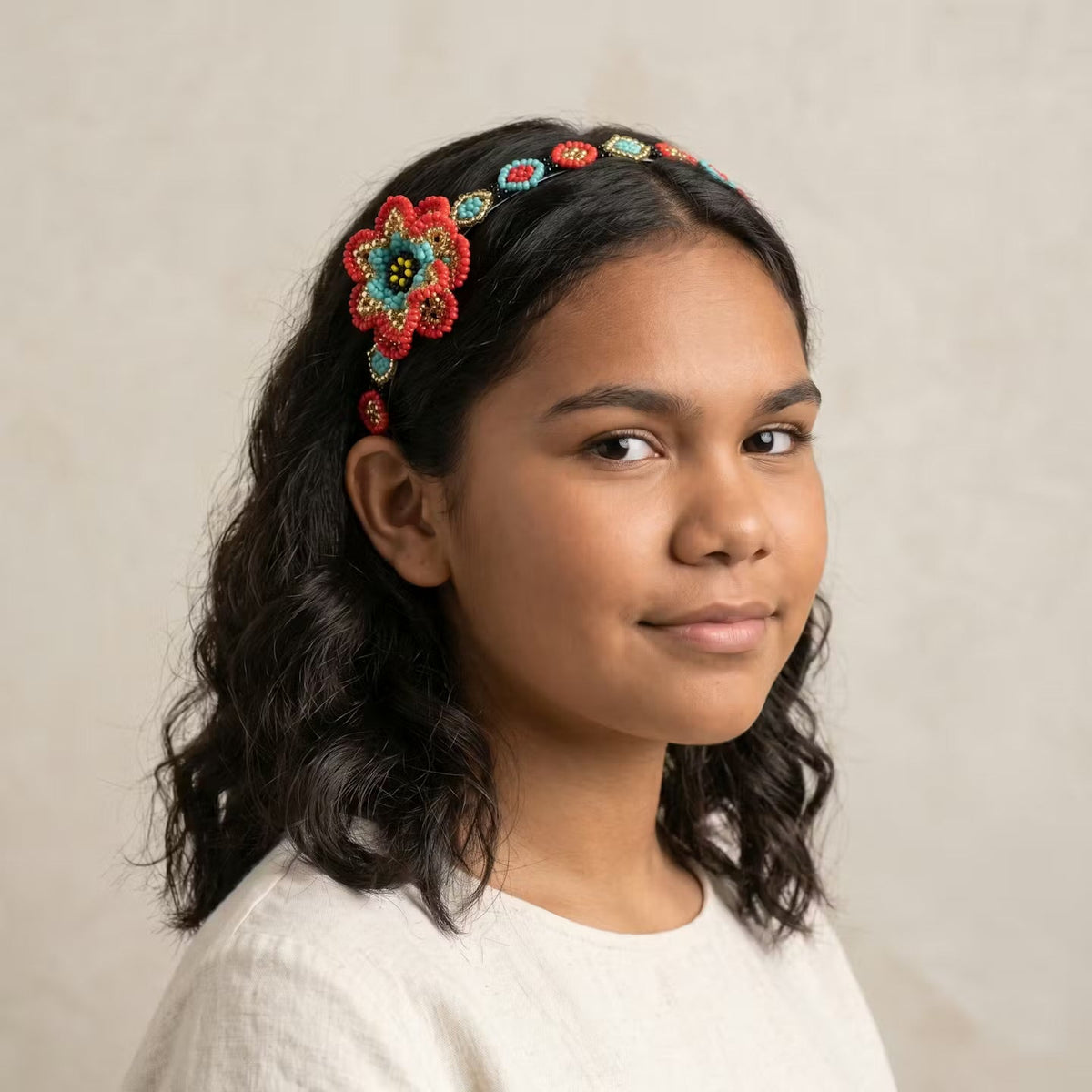 Beaded Headband with Flower Red