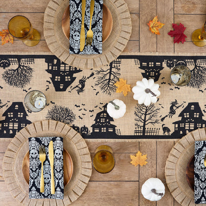 DII Halloween Primitive Style Burlap Tabletop Décor, Spooky Haunted House Jute, Table Runner, 14x113, Black & Tan