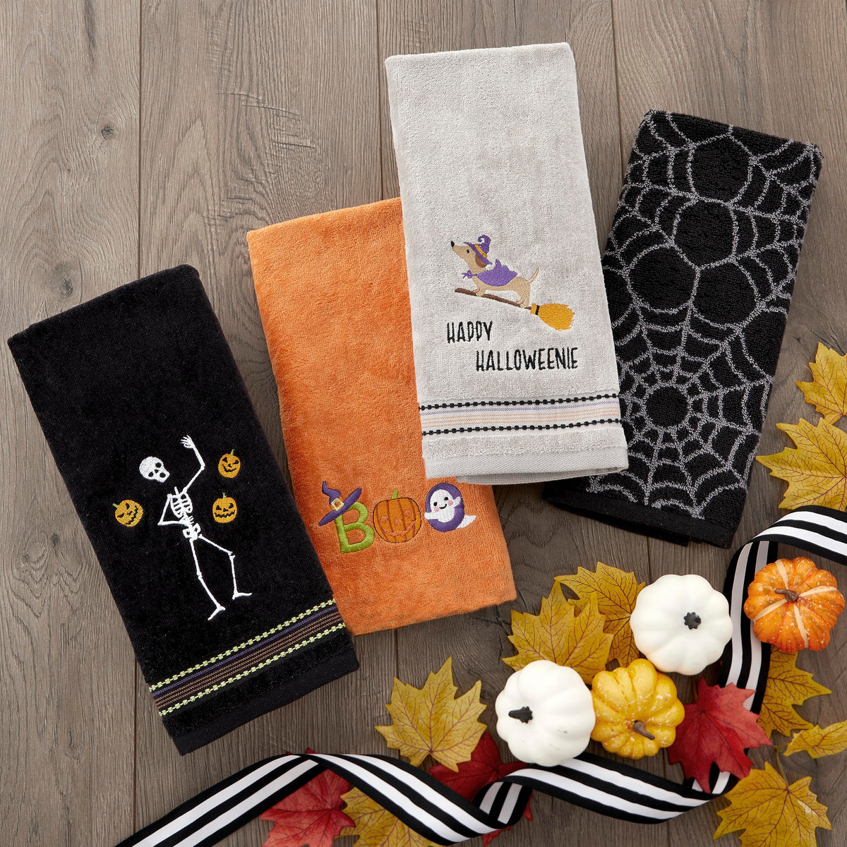 SKL Home Halloween Juggling Skeleton 100% Cotton Embroidered 2pc Hand Towel Set, Decorative for Bath/Kitchen/Bar & Gift, Black