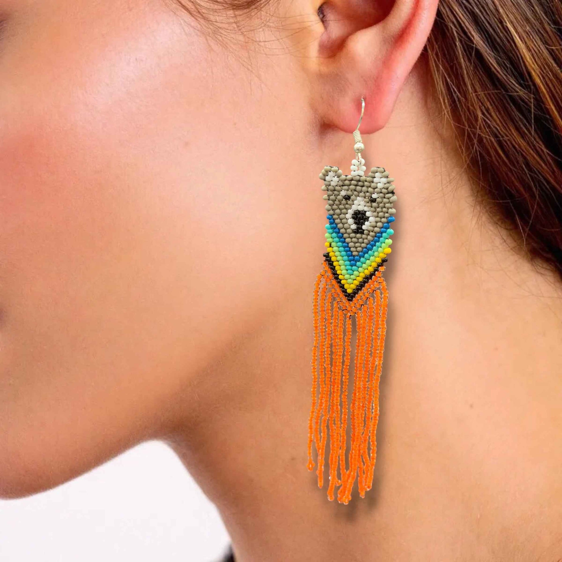 Grey Native Bear Beaded Earrings