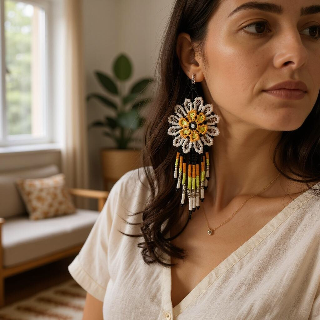 Yellow white Flower beaded Earrings