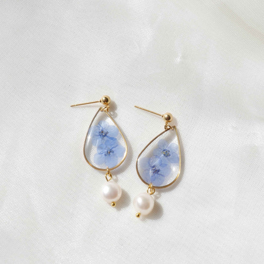 Boucles d'oreilles myosotis et perle - goutte 22mm