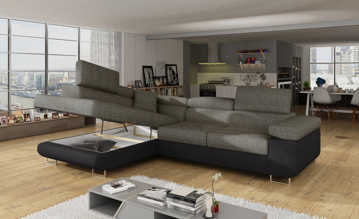 Anton Two-Tone Storage Sleeper Sectional Sofa - Grey/Black