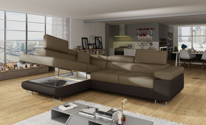 Anton Two-Tone Storage Sleeper Sectional Sofa - Beige/Dark Brown