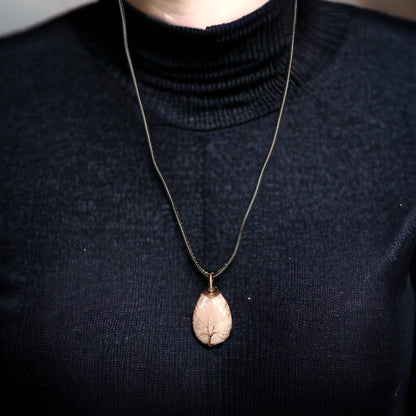 Light pink Gemstone Pendant Wrapped w/ Bronze Tree of Life