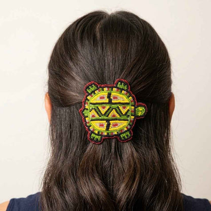 Beaded turtle Barrette Green accent
