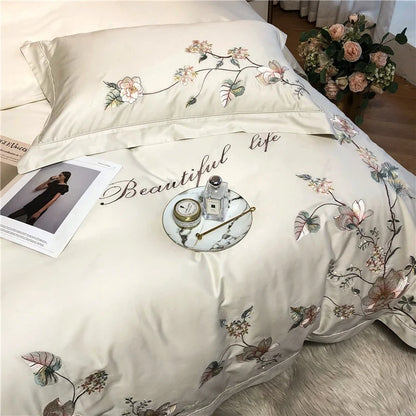 Belle Maison Embroidered Egyptian Cotton 1000 TC Duvet Set - Ivory