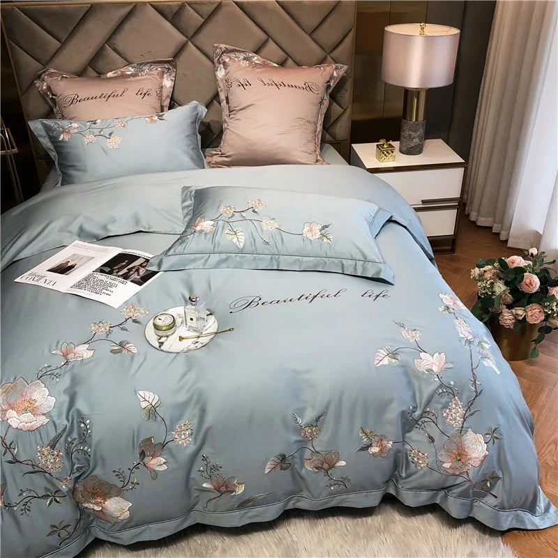 Belle Maison Embroidered Egyptian Cotton 1000 TC Duvet Set - Steel Blue