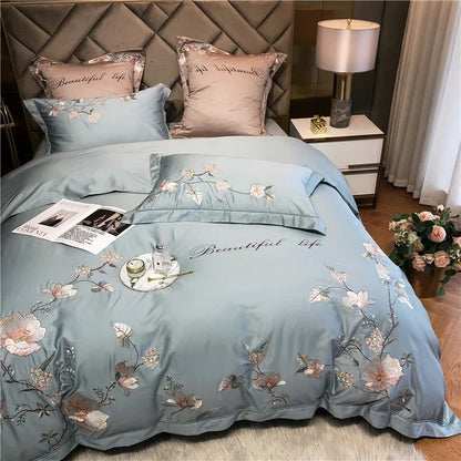 Belle Maison Embroidered Egyptian Cotton 1000 TC Duvet Set - Steel Blue