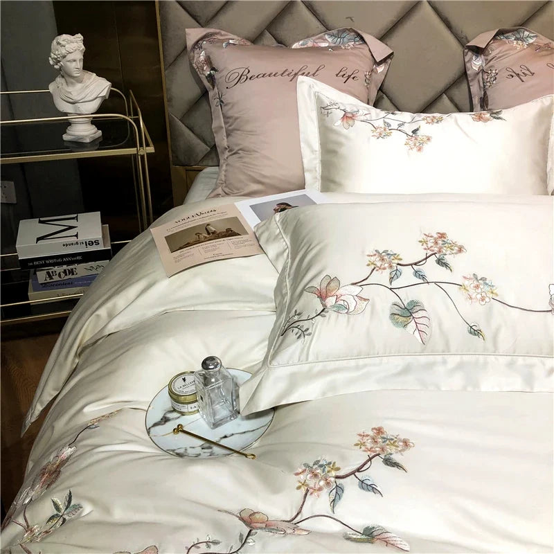 Belle Maison Embroidered Egyptian Cotton 1000 TC Duvet Set - Ivory