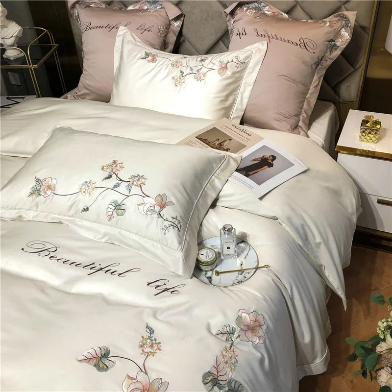 Belle Maison Embroidered Egyptian Cotton 1000 TC Duvet Set - Ivory