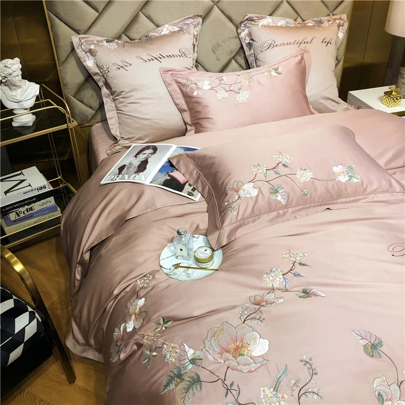 Belle Maison Embroidered Egyptian Cotton 1000 TC Duvet Set - Blush