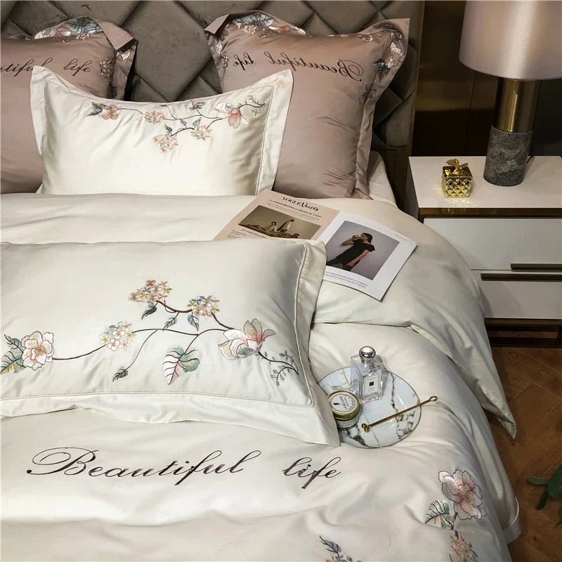 Belle Maison Embroidered Egyptian Cotton 1000 TC Duvet Set - Ivory