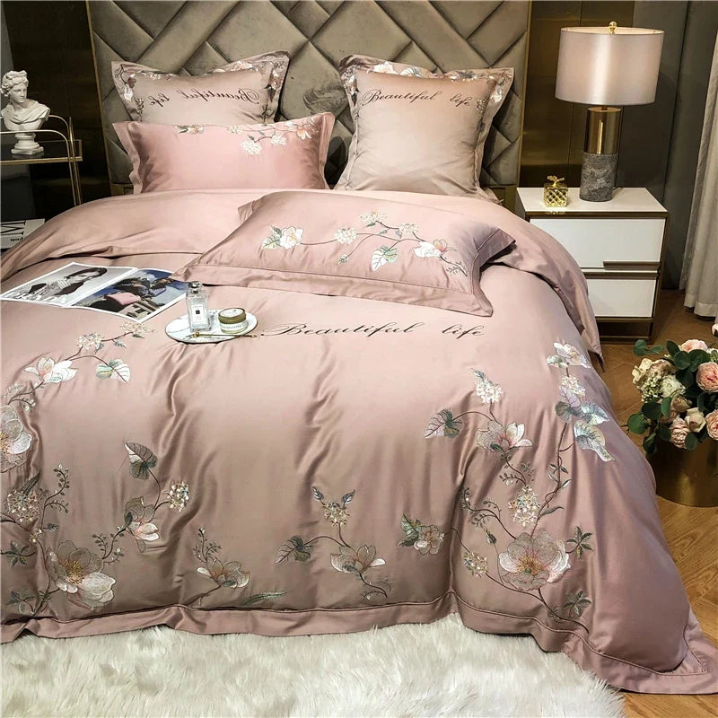 Belle Maison Embroidered Egyptian Cotton 1000 TC Duvet Set - Blush