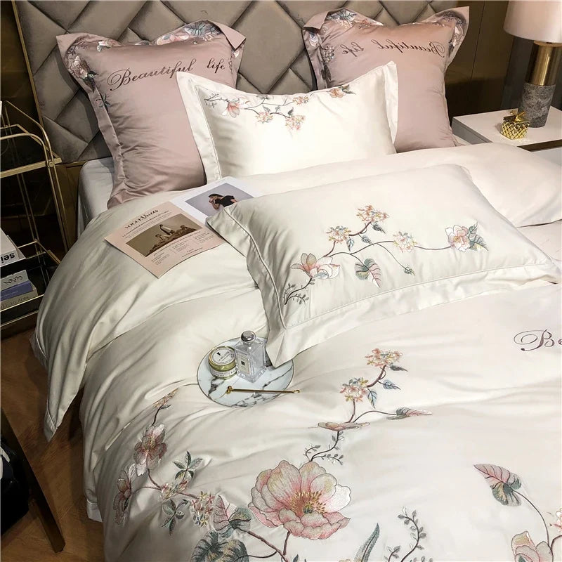 Belle Maison Embroidered Egyptian Cotton 1000 TC Duvet Set - Ivory