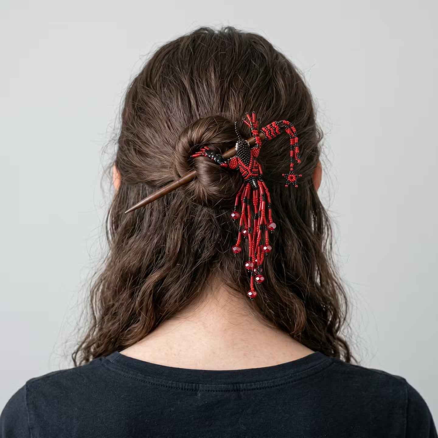 Red & Black Hummingbird Beaded Hair Stick