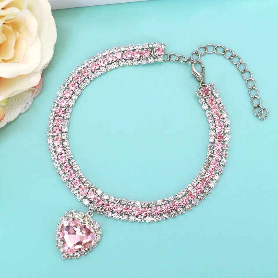 Pinkess Heart Dog Necklace | Rhinestone Dog Jewelry Accessory